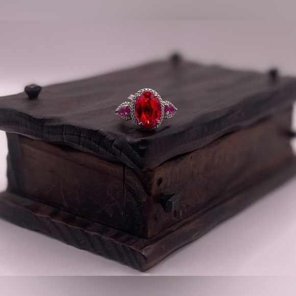 Simulated Ruby Rhinestone Ring - Silver Toned Victorian Setting Stainless Steel - Picture 4 of 15